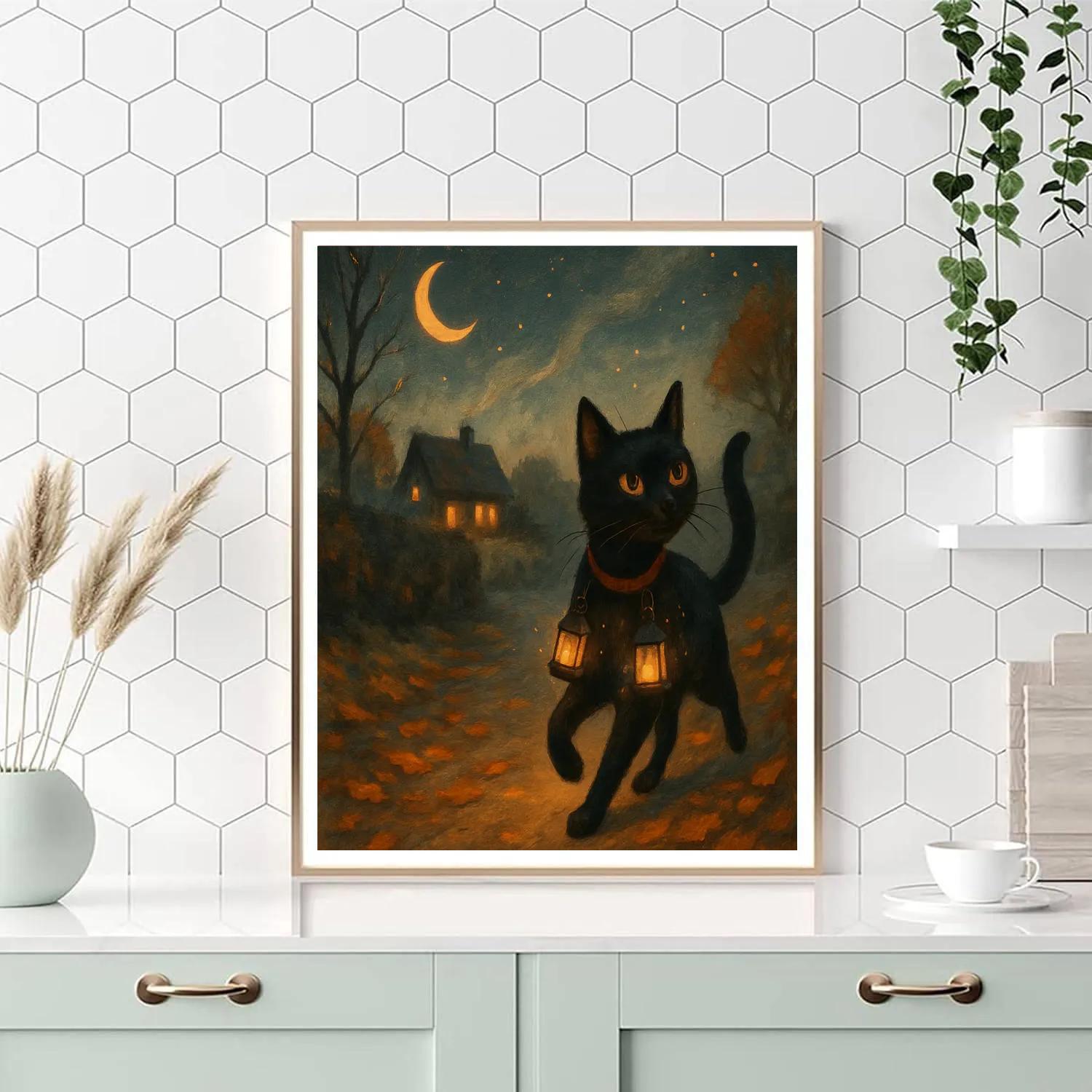 Black Cat Lantern Waltz painting number kit