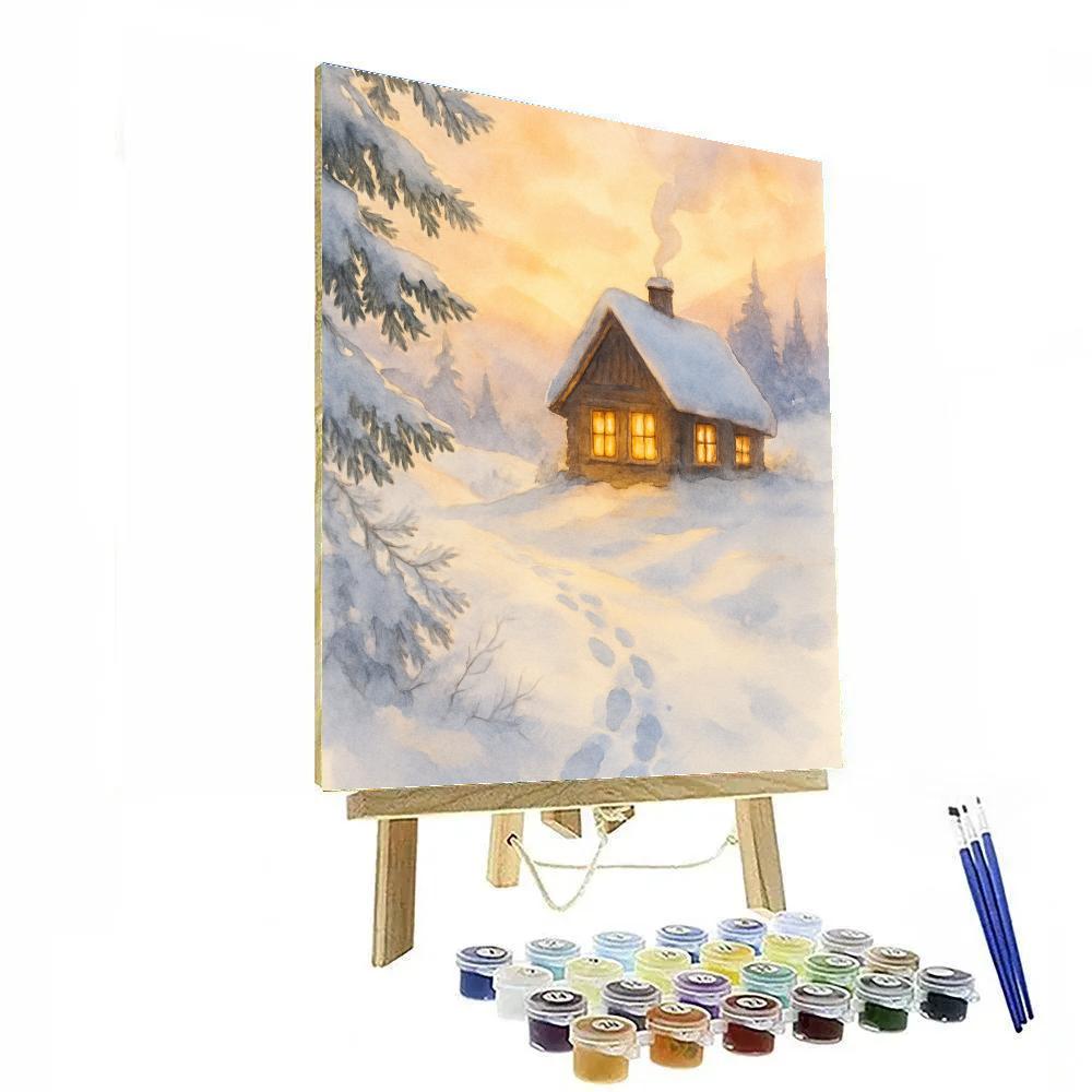 Cozy Cabin In Golden Winter Glow Painting by numbers kit