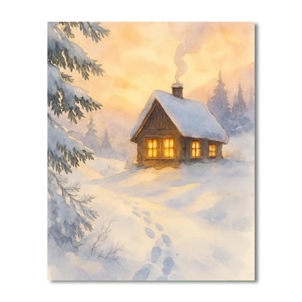Cozy Cabin In Golden Winter Glow Painting by numbers kit