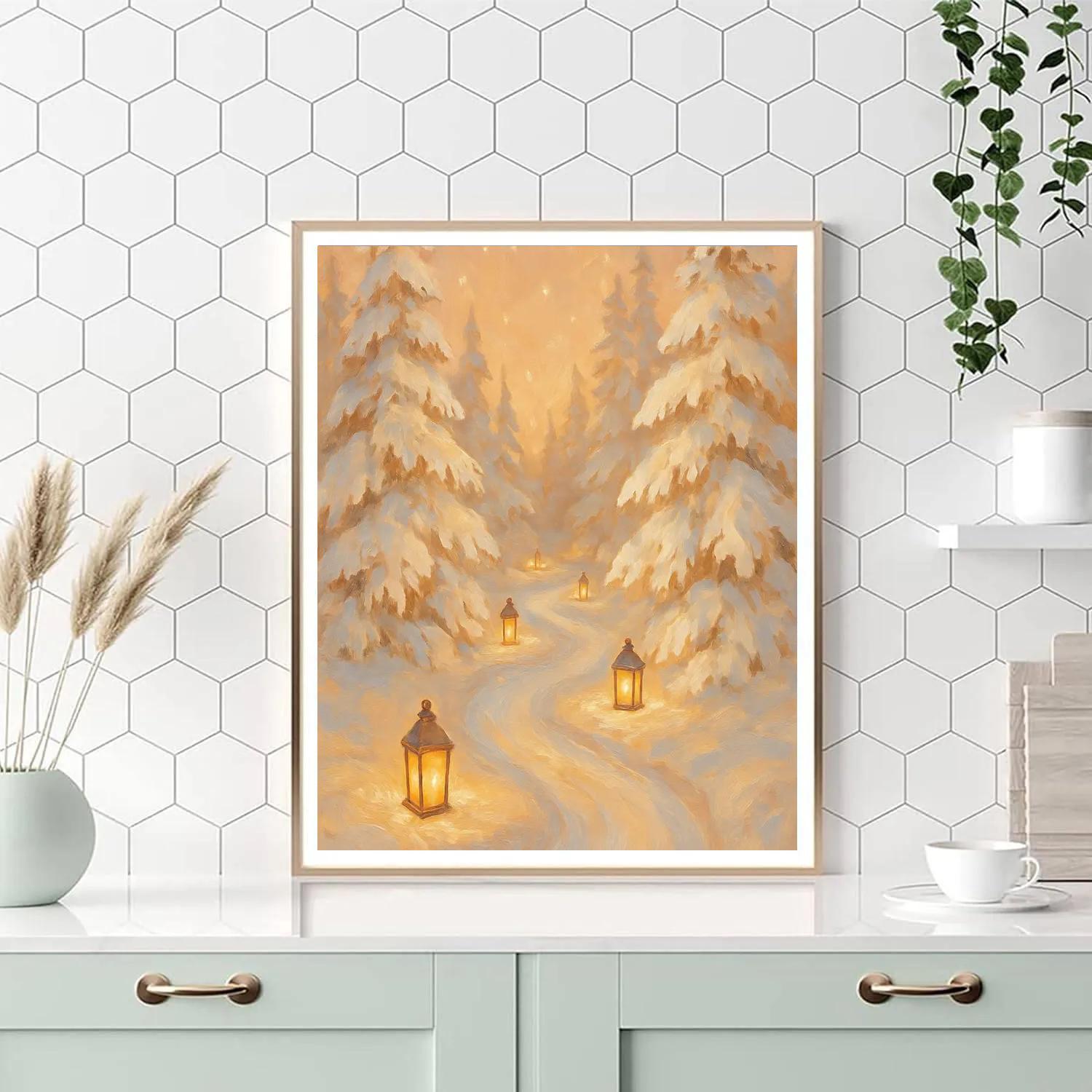 Winter Wonderland With Glowing Lantern Path Paint by numbers art