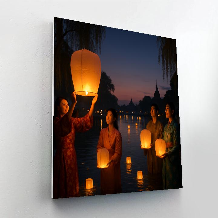 Lantern Festival Glow Over Riverbanks paint by number