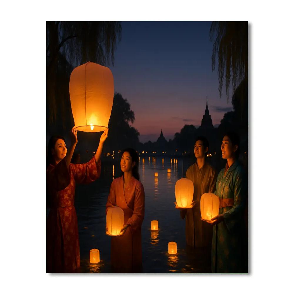 Lantern Festival Glow Over Riverbanks paint by number