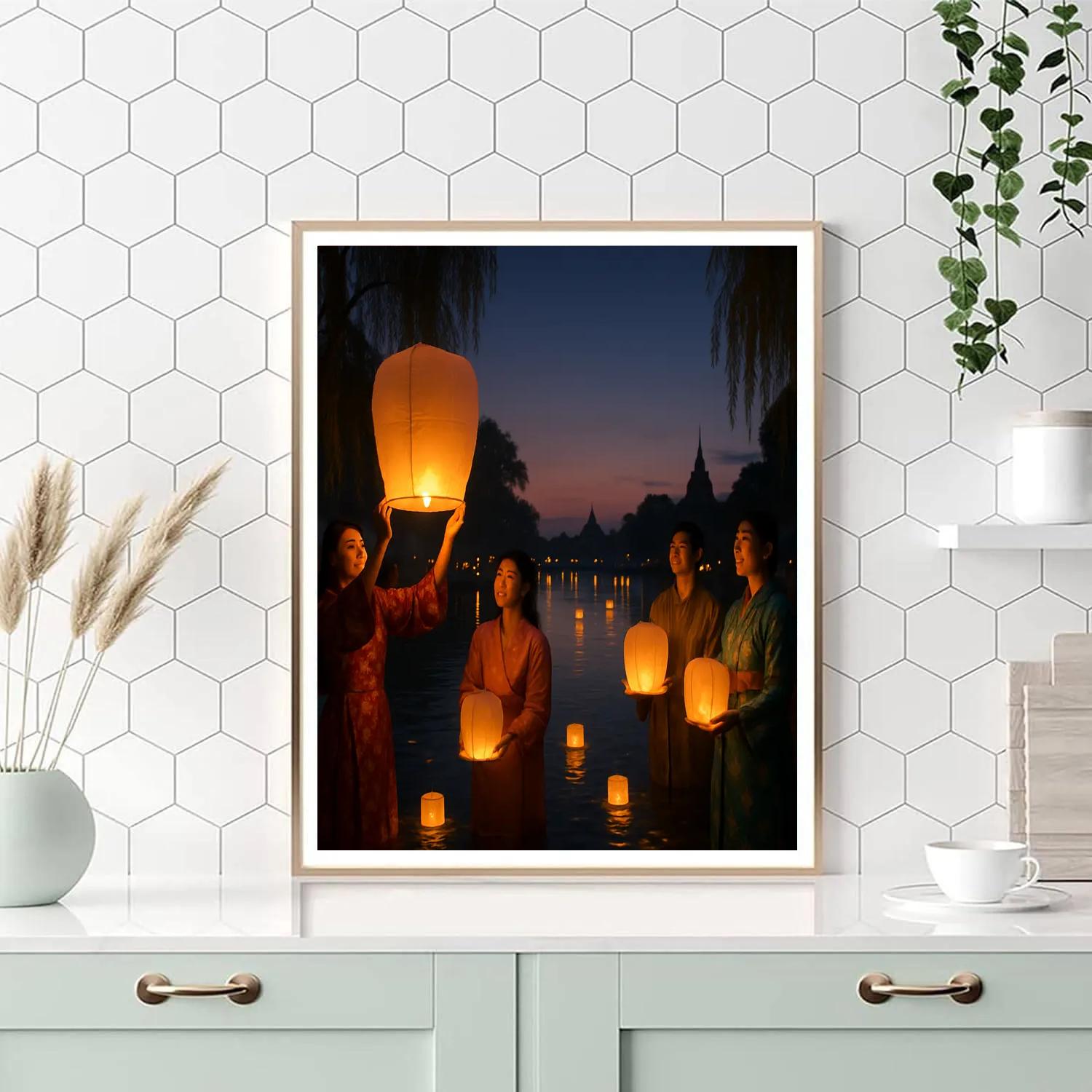 Lantern Festival Glow Over Riverbanks paint by number