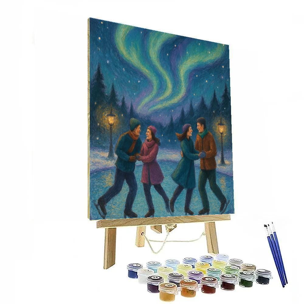 Holiday Ice Skaters Under Northern Lights paint by number