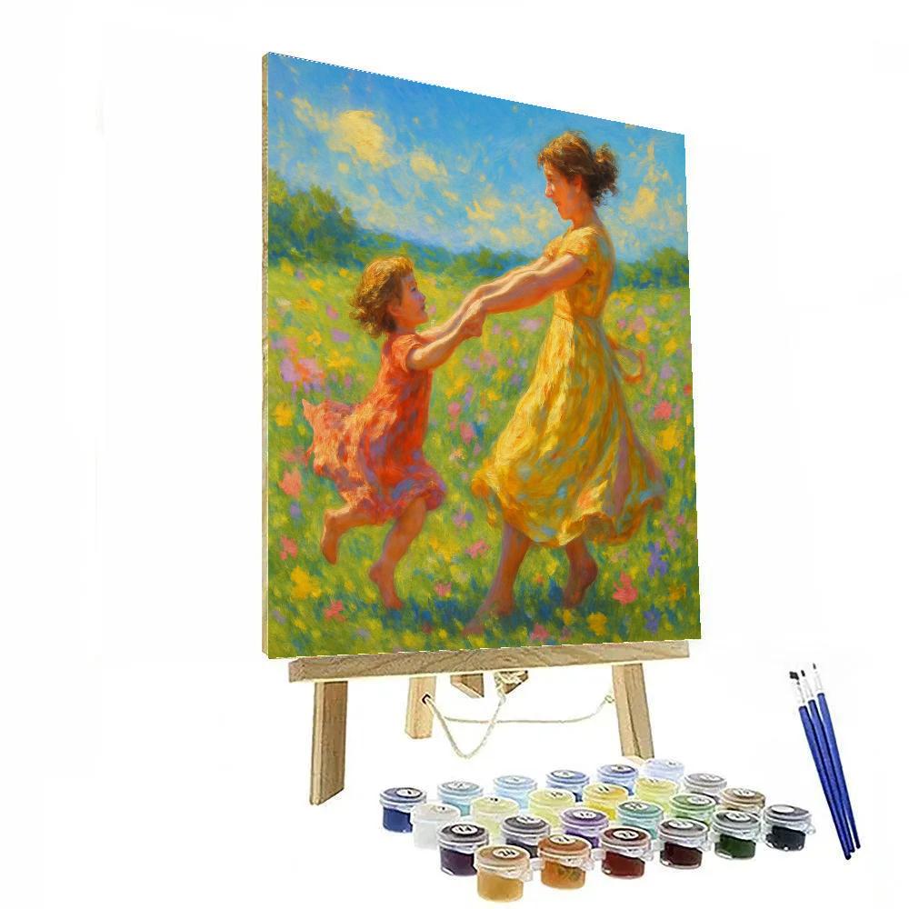 Mother And Child Dancing In Spring Meadow Number painting