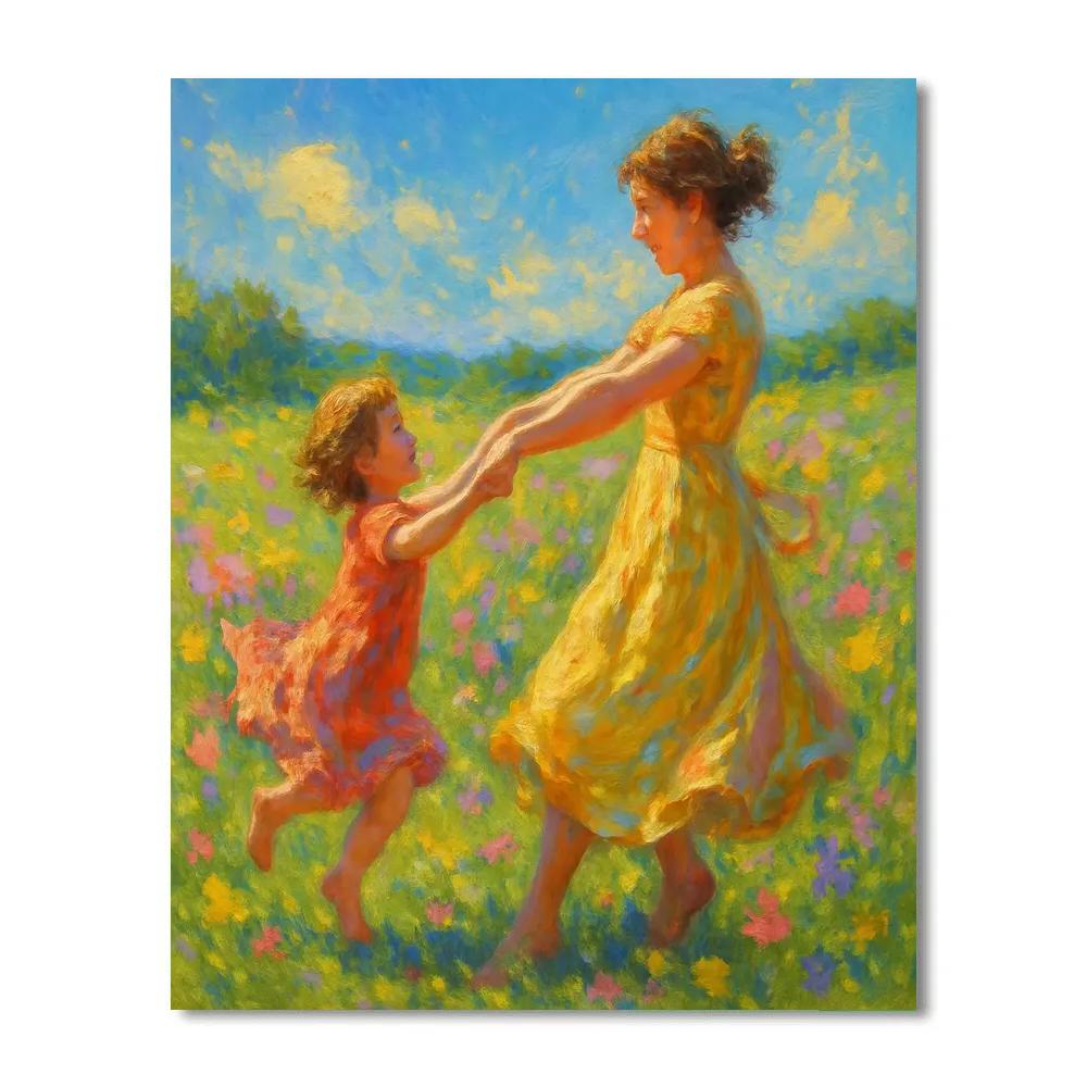 Mother And Child Dancing In Spring Meadow Number painting