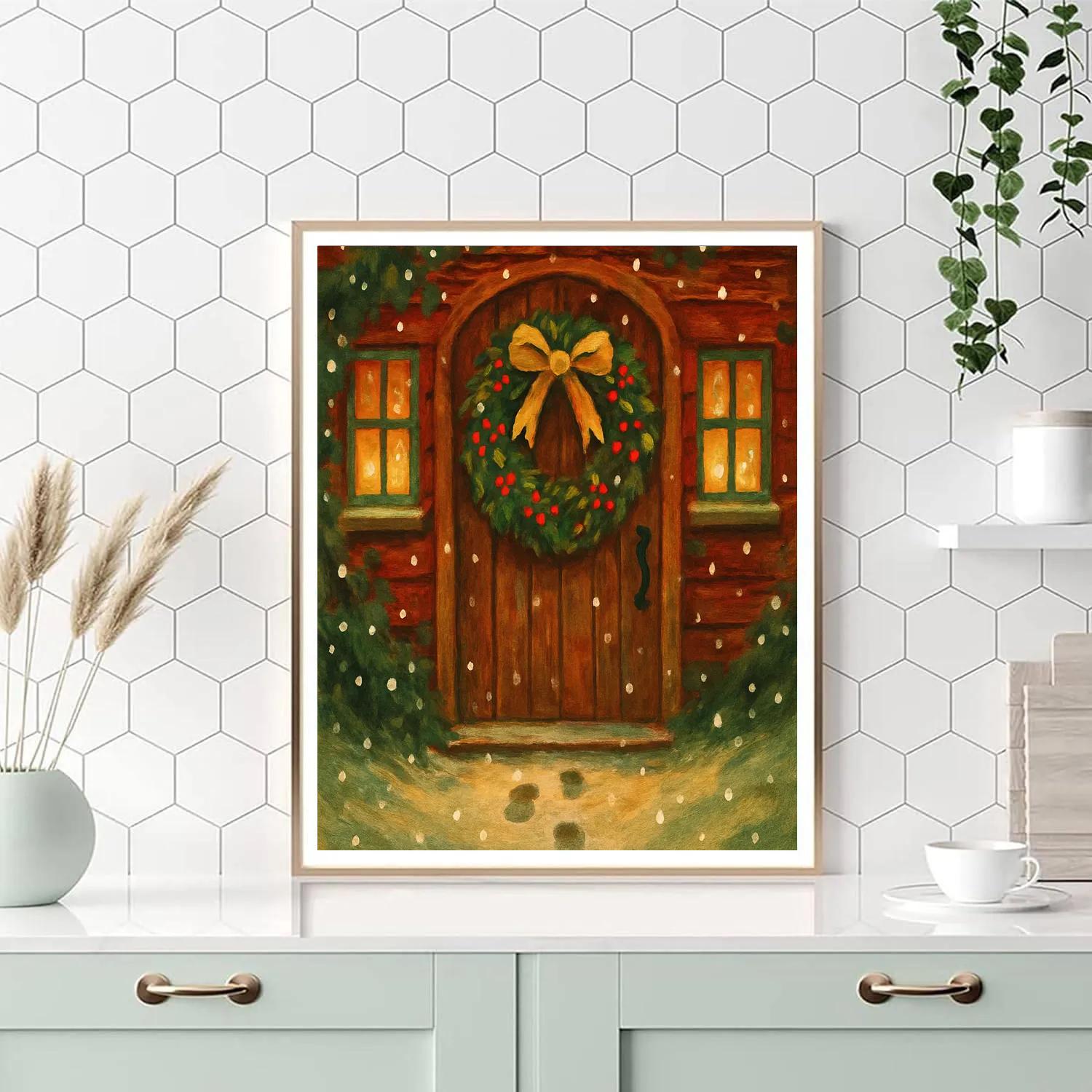 Wreath-Laden Door Of Festive Cottage paint by number