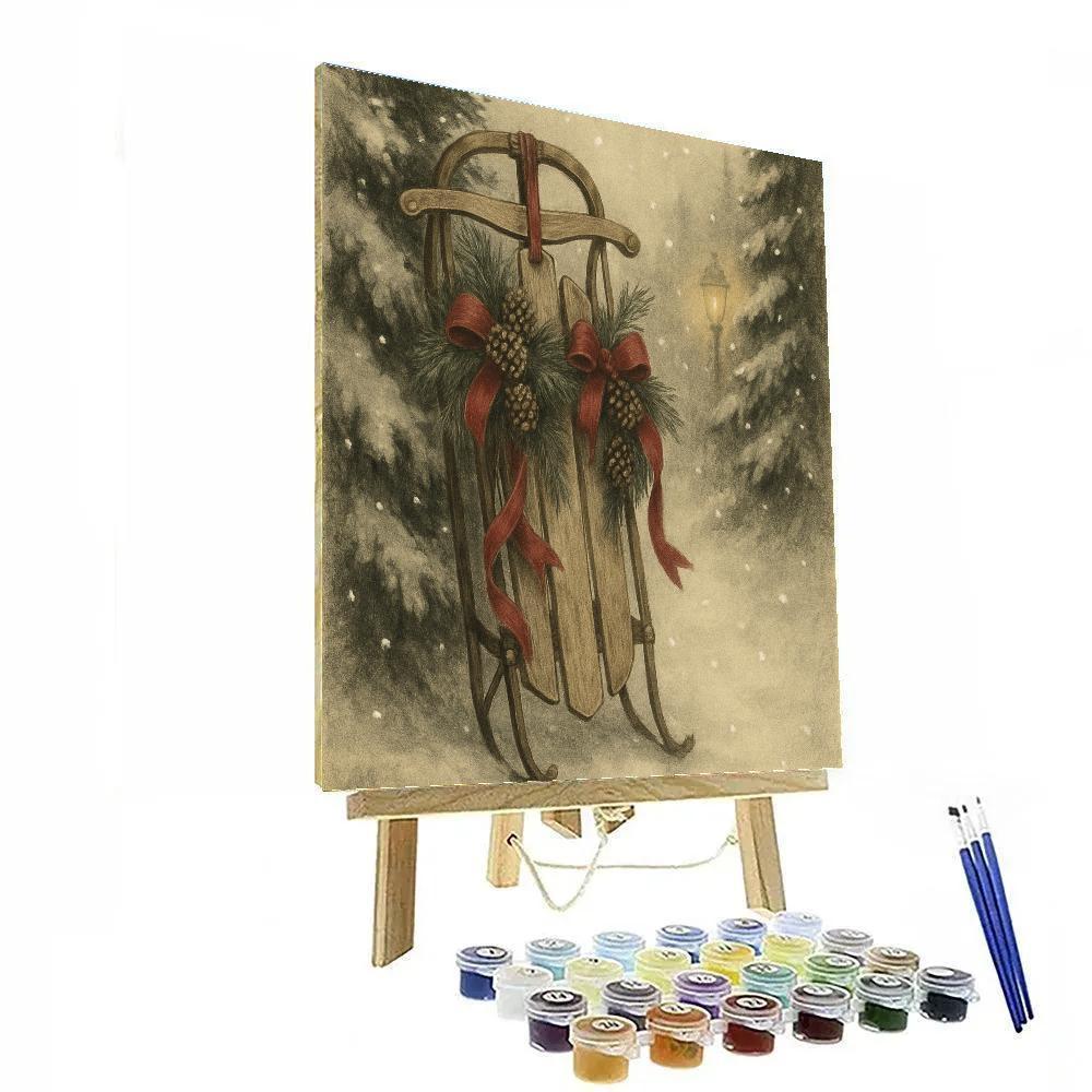 Vintage Sled By Snowy Pine Trees painting number kit