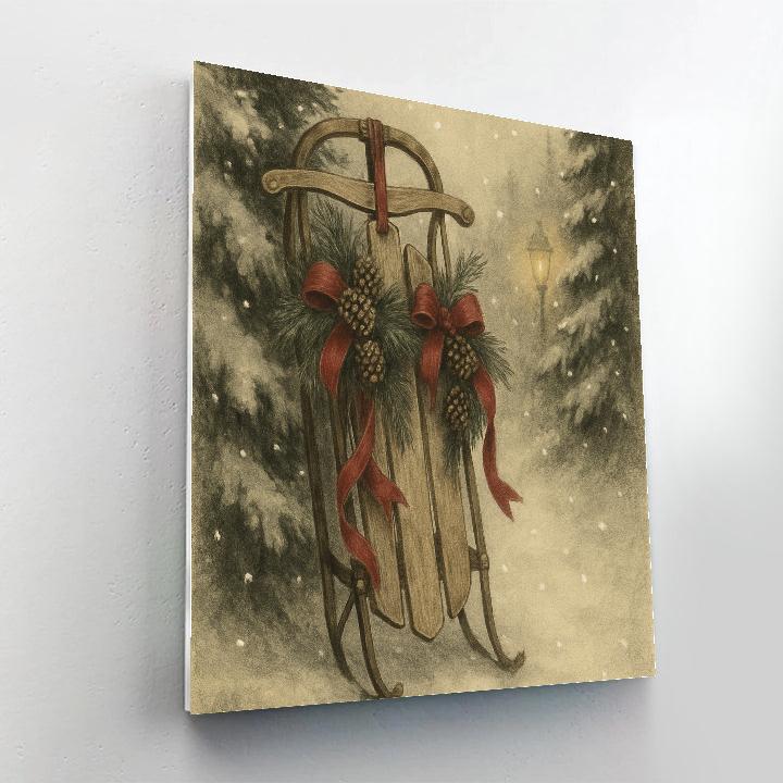 Vintage Sled By Snowy Pine Trees painting number kit
