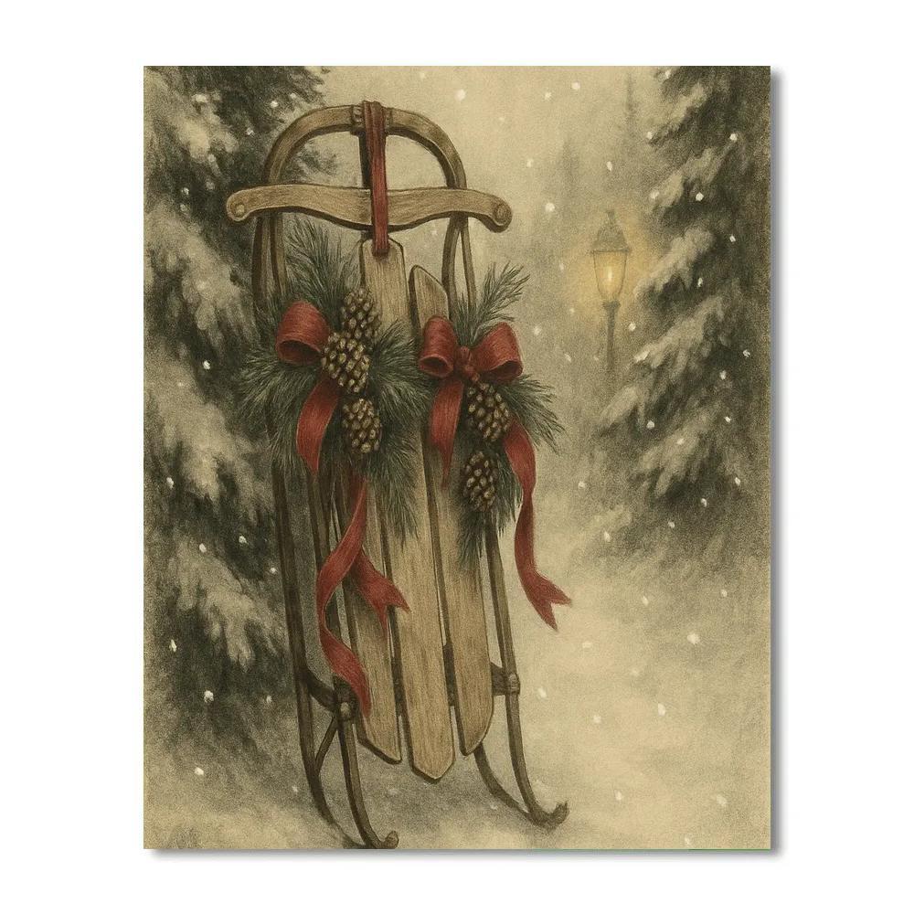 Vintage Sled By Snowy Pine Trees painting number kit