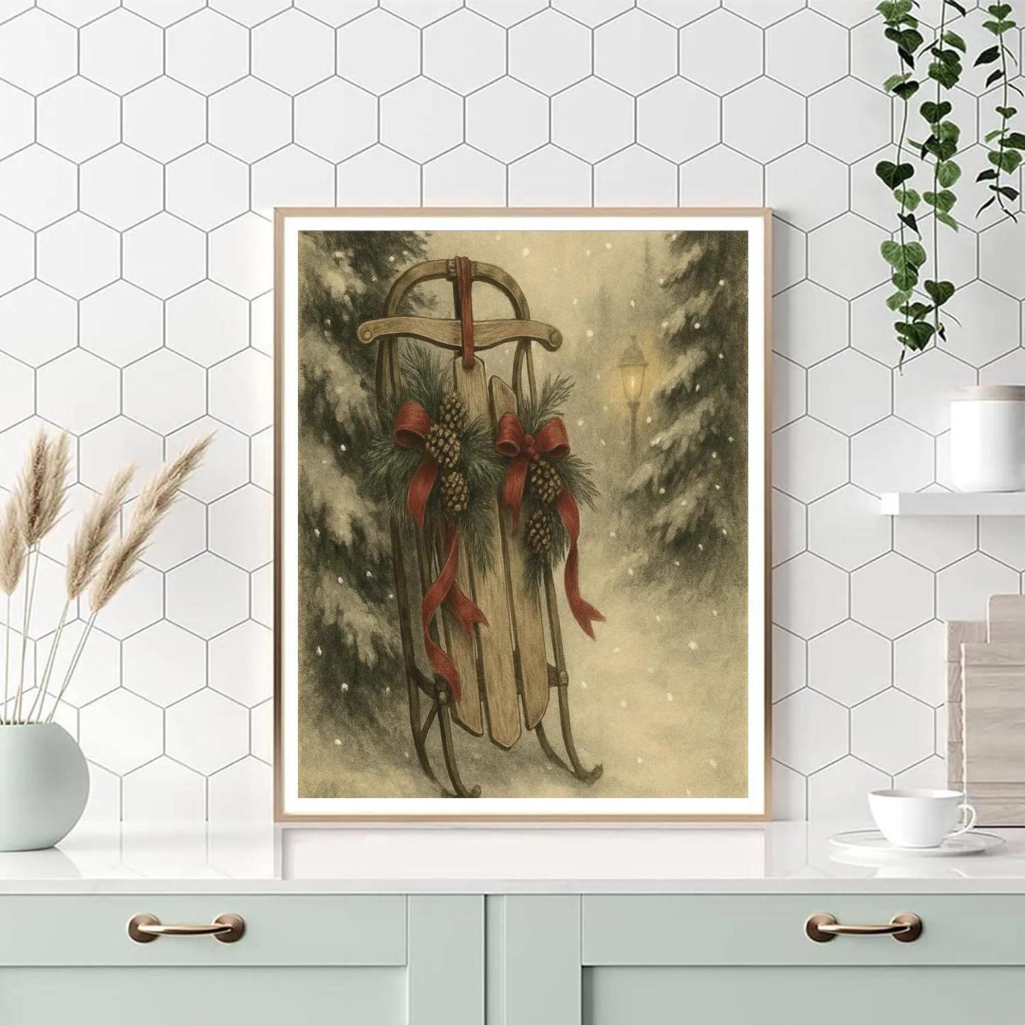 Vintage Sled By Snowy Pine Trees painting number kit