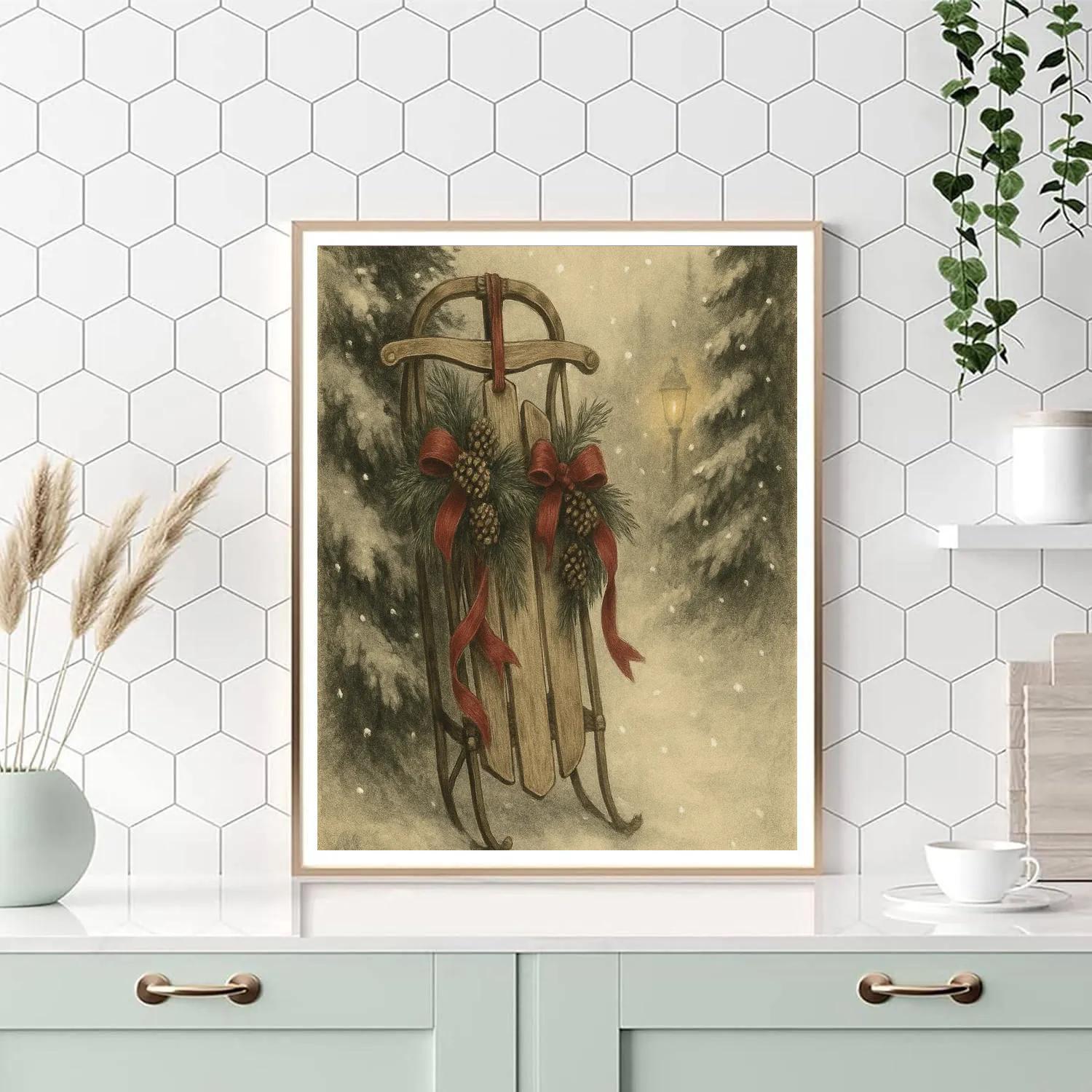 Vintage Sled By Snowy Pine Trees painting number kit