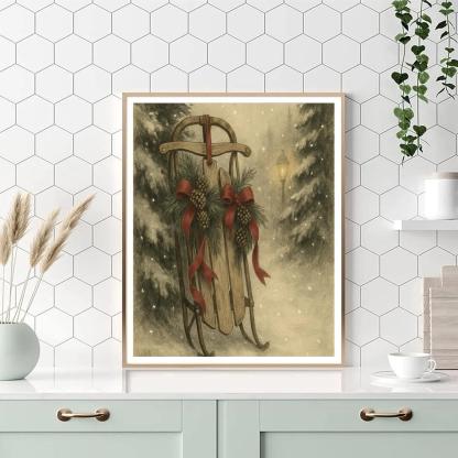 Vintage Sled By Snowy Pine Trees painting number kit