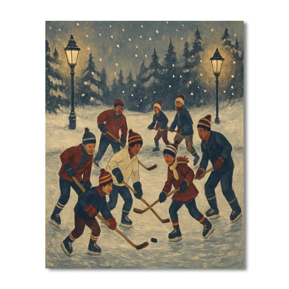 Vintage Ice Hockey Game On Frozen Pond Numbered painting kits