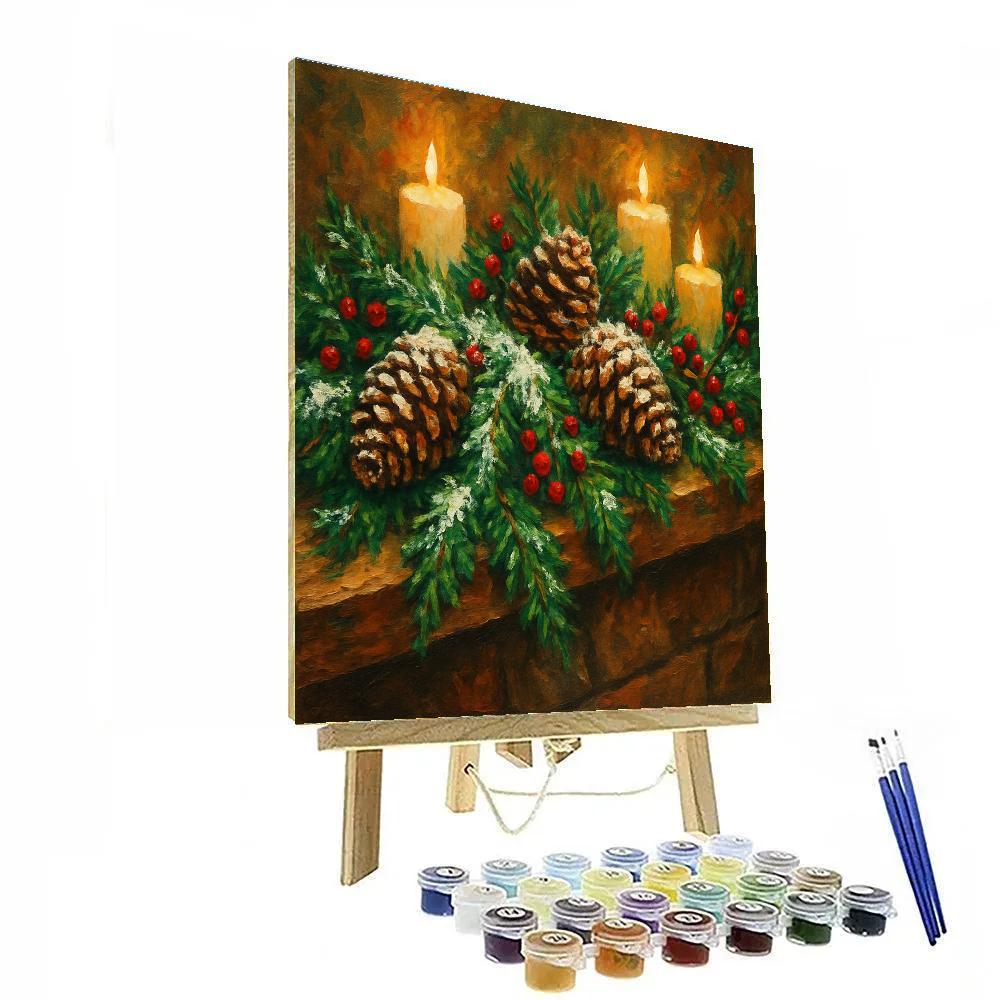 Snow-Dusted Pine Cone Garland On Mantel paint by numbers