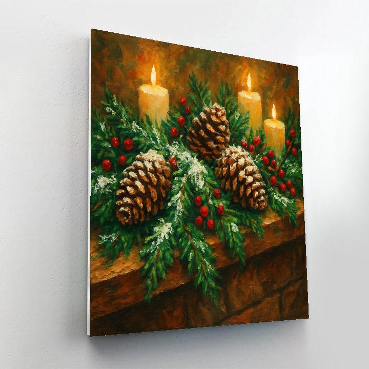 Snow-Dusted Pine Cone Garland On Mantel paint by numbers