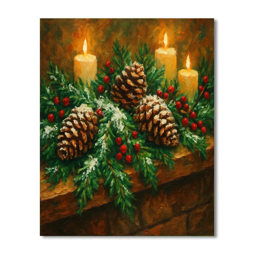 Snow-Dusted Pine Cone Garland On Mantel paint by numbers