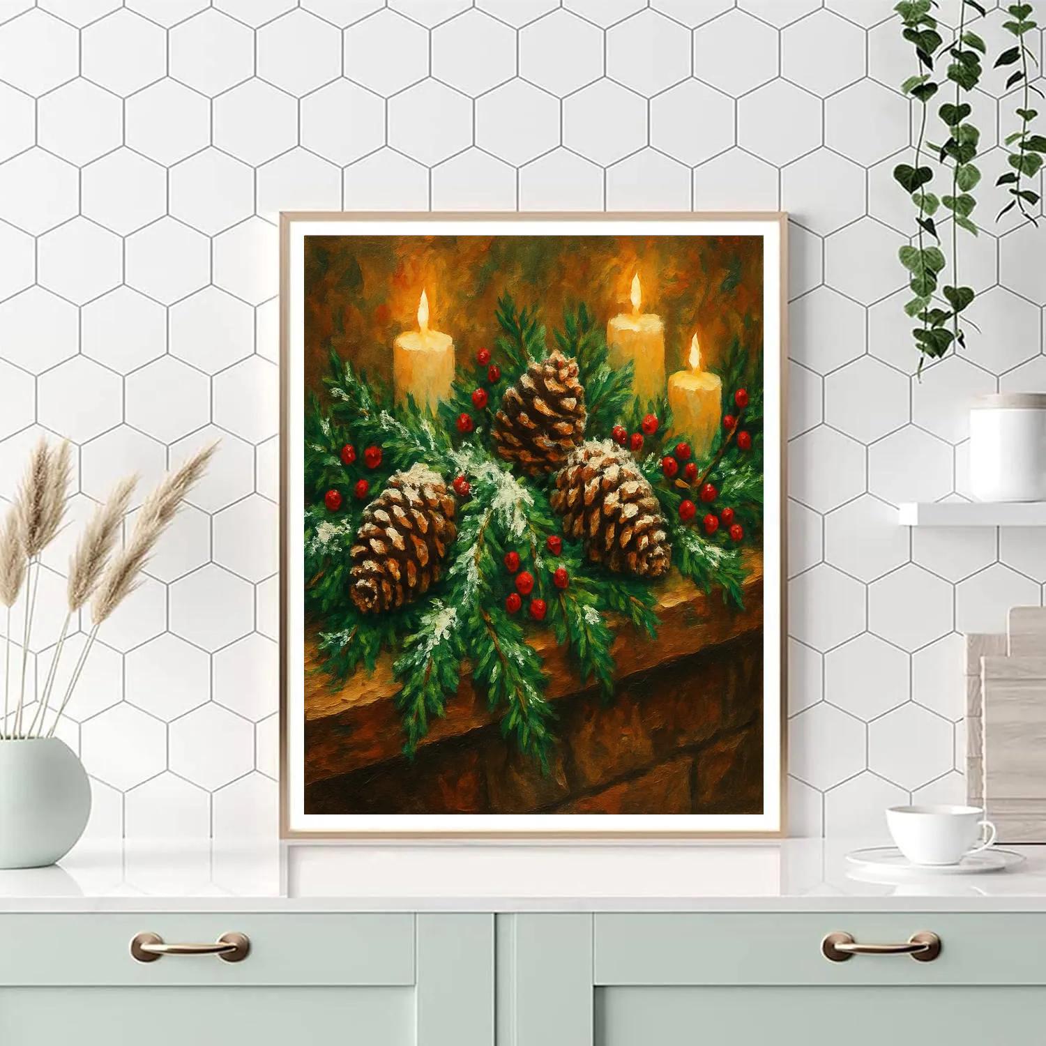 Snow-Dusted Pine Cone Garland On Mantel paint by numbers