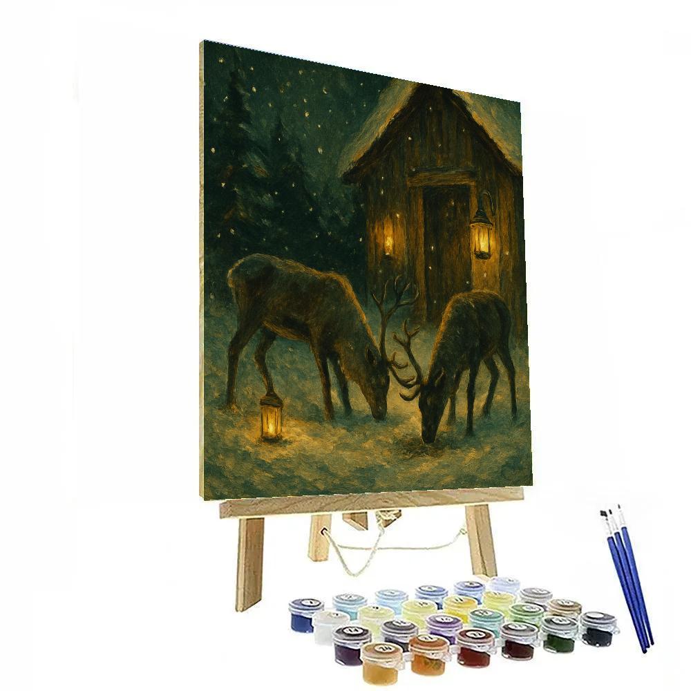 Reindeer Grazing By Candlelit Barn paint by number