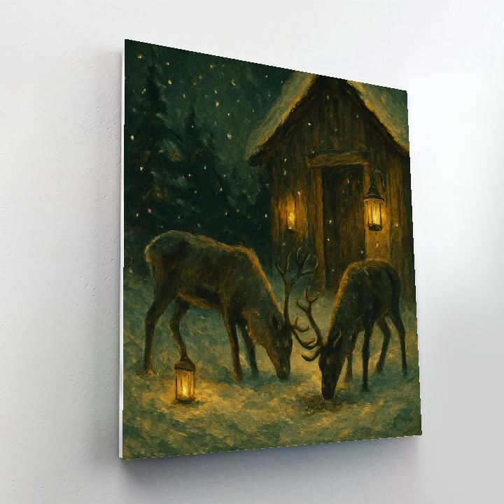 Reindeer Grazing By Candlelit Barn paint by number