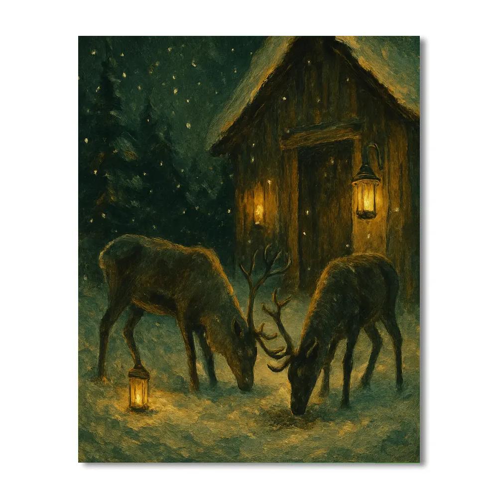 Reindeer Grazing By Candlelit Barn paint by number