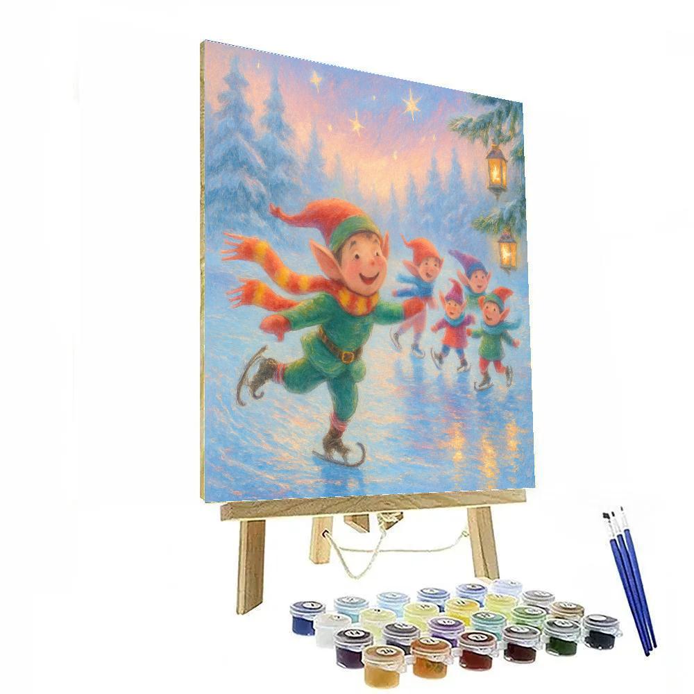 Whimsical Elves Ice Skating At Dawn paint by color