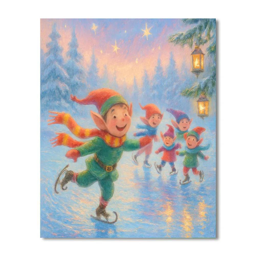 Whimsical Elves Ice Skating At Dawn paint by color