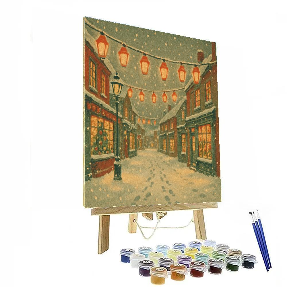 Twinkling Lanterns On Snowy Village Street paint by color
