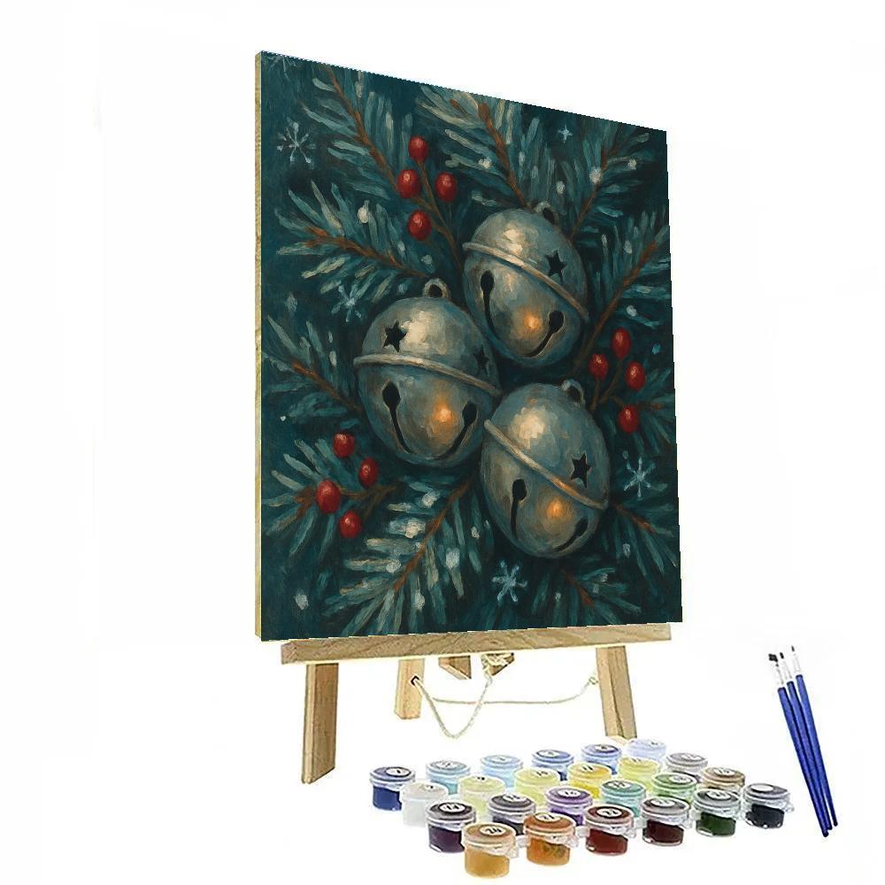 Holiday Sleigh Bells Among Pine Branches paint by numbers