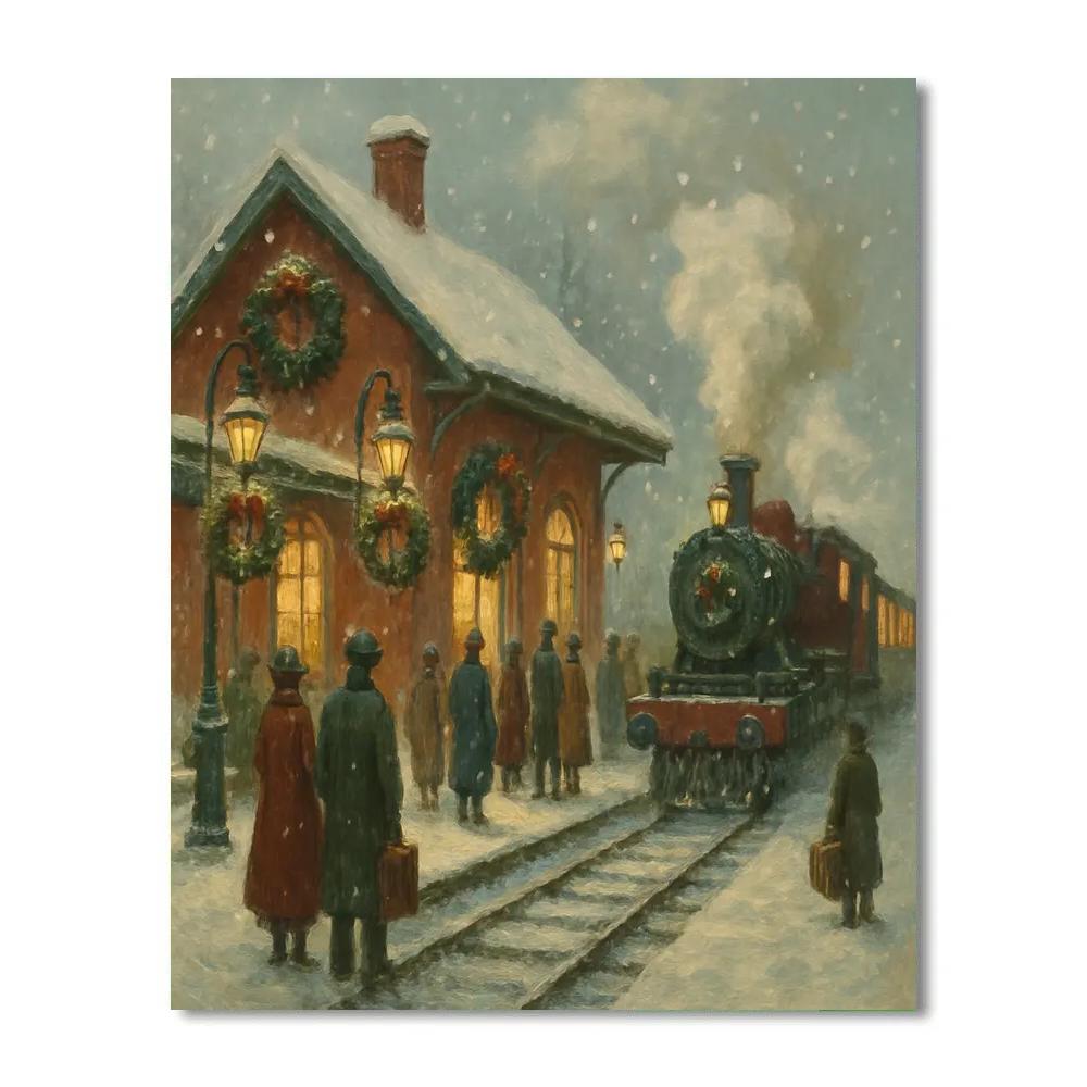 Holiday Train Station In Snowy Twilight Paint by numbers kits
