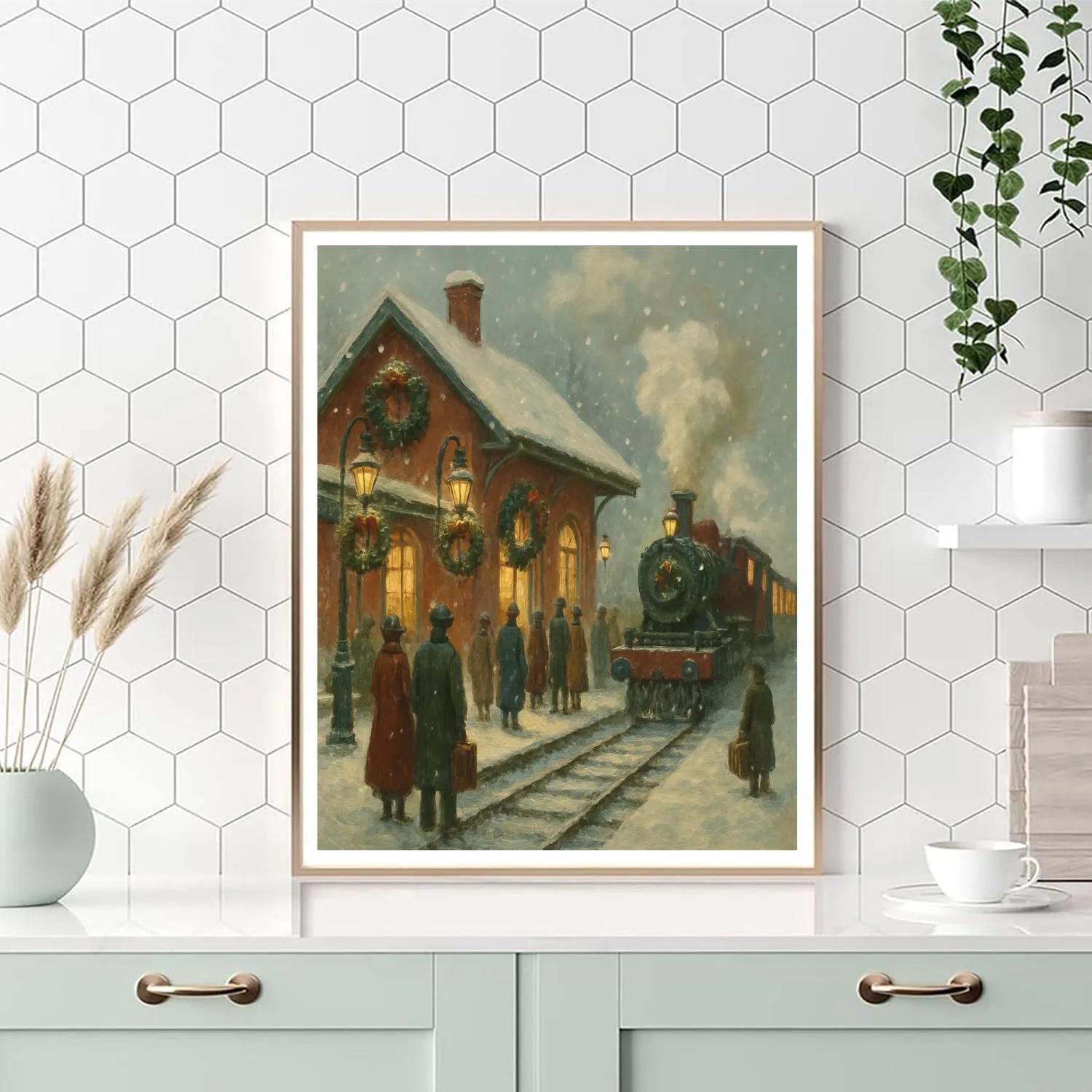 Holiday Train Station In Snowy Twilight Paint by numbers kits