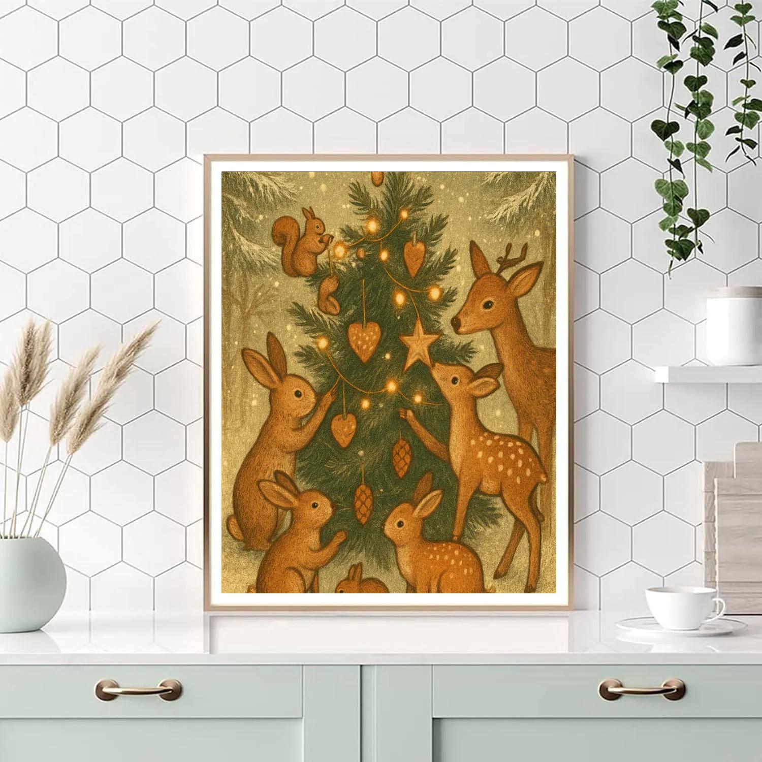 Winter Woodland Animals Decorating Tree Paint by numbers art