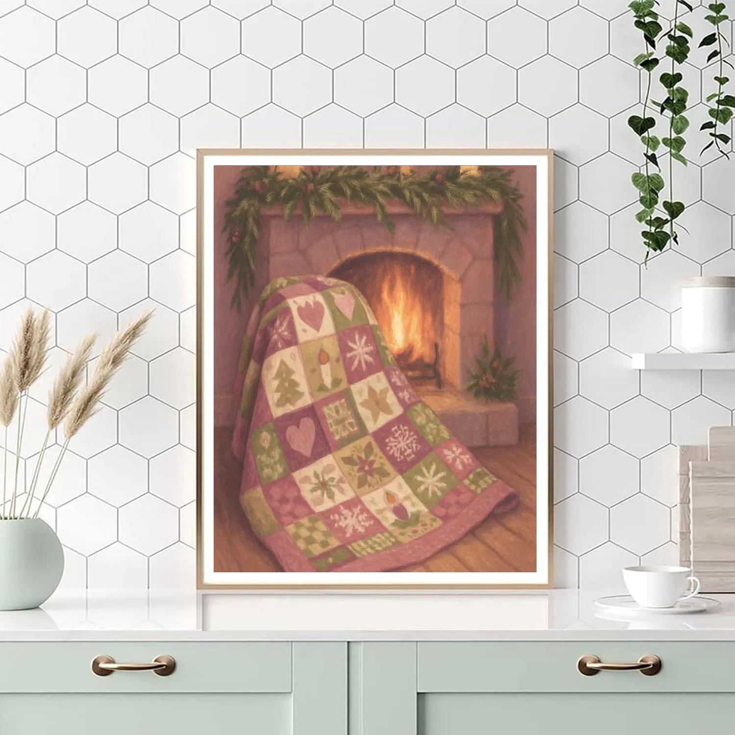 Holiday Patchwork Quilt Over Fireplace Number painting