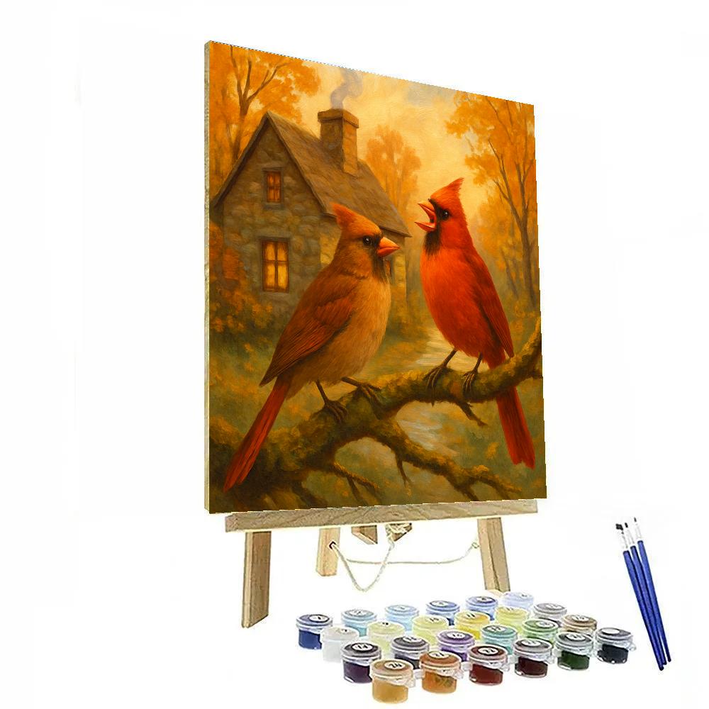 Autumn Cardinals By The Cottage Number painting