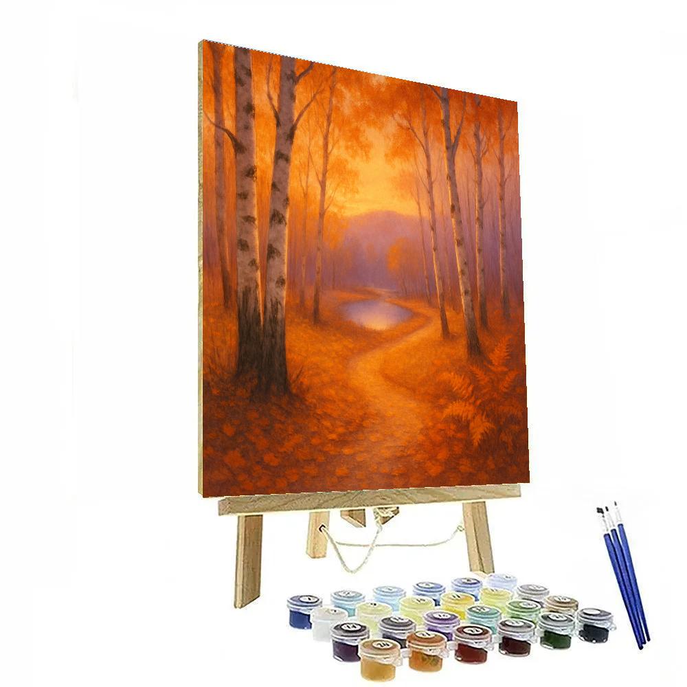 Golden Birch Path At Dusk Number painting