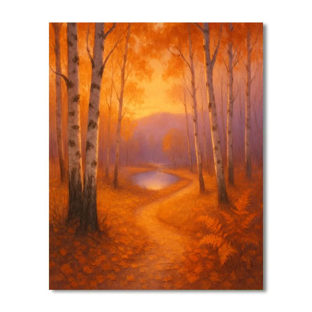 Golden Birch Path At Dusk Number painting