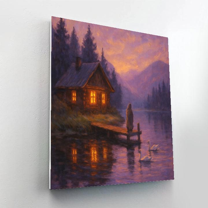 Cabin At Dusk Lake paint by color
