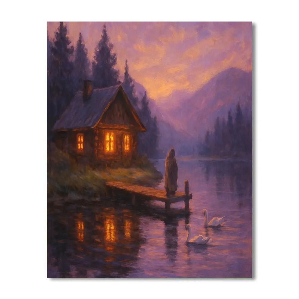 Cabin At Dusk Lake paint by color
