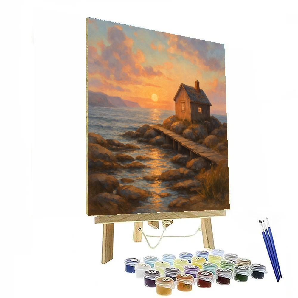 Coastal Cottage With Sunset Reflections paint by numbers