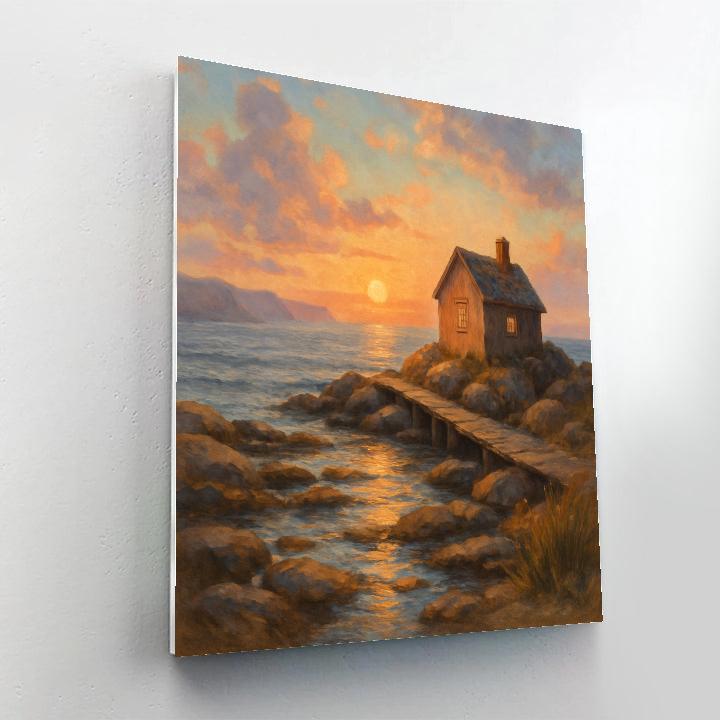 Coastal Cottage With Sunset Reflections paint by numbers