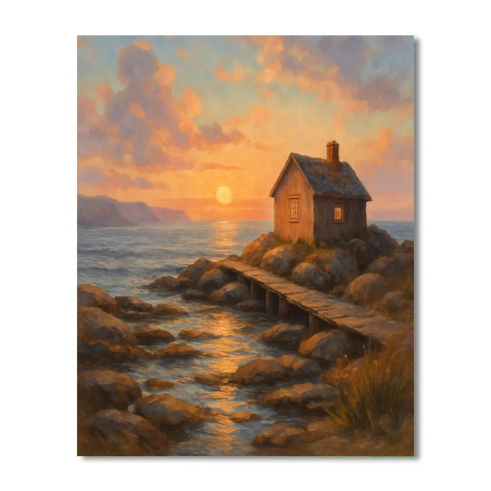 Coastal Cottage With Sunset Reflections paint by numbers