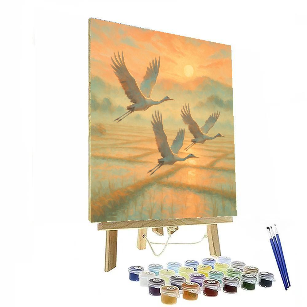Sunrise Cranes Above Rice Fields Number painting