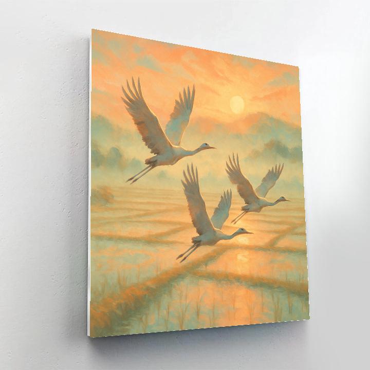 Sunrise Cranes Above Rice Fields Number painting
