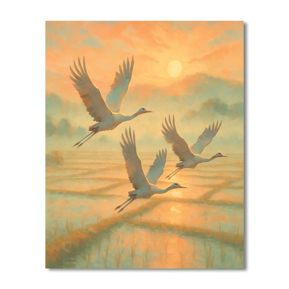 Sunrise Cranes Above Rice Fields Number painting