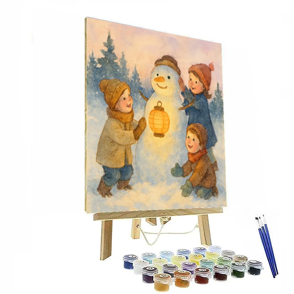 Children Building A Lantern Snowman paint by numbers