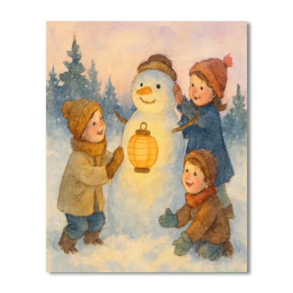 Children Building A Lantern Snowman paint by numbers