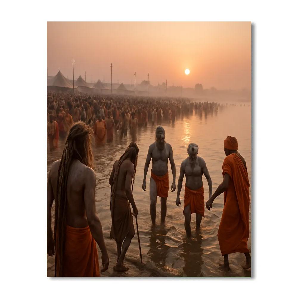 Kumbh Mela Bathing At Dawn On Riverbank paint by color
