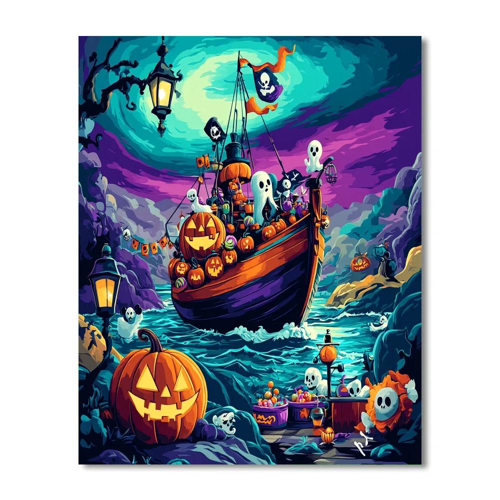 Haunted Pirate Galleon Under Aurora paint by number