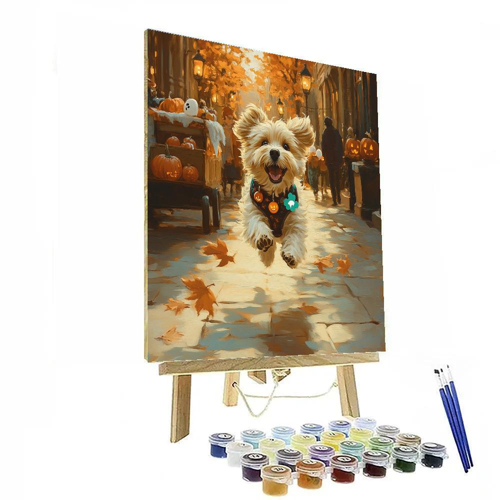 Autumn Street Dog With Spooky Collar painting number kit