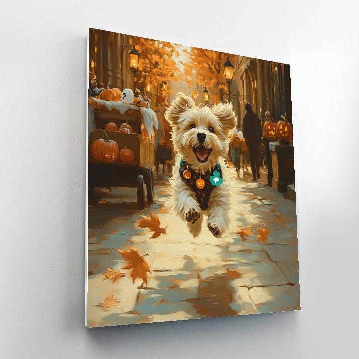 Autumn Street Dog With Spooky Collar painting number kit